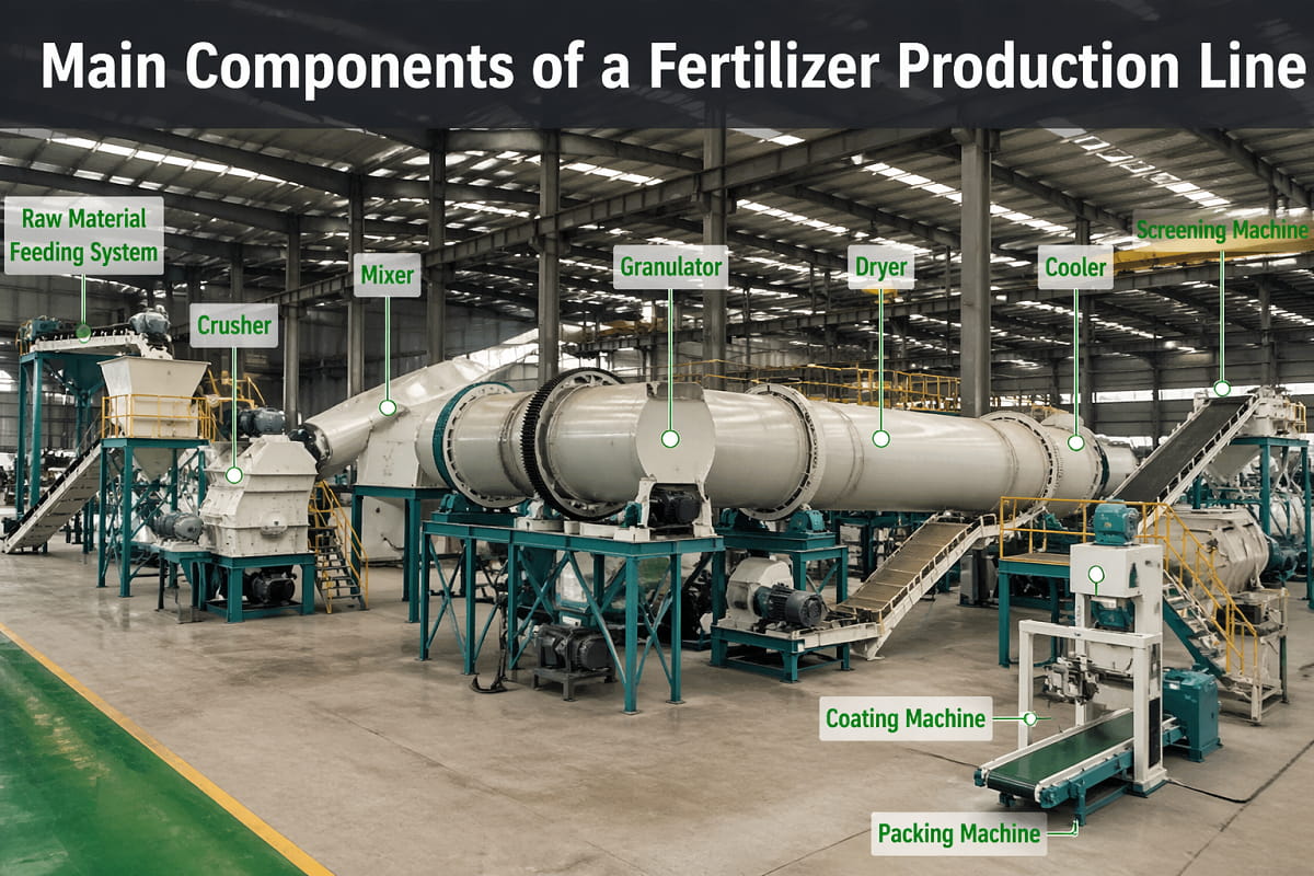 What are the main components of a fertilizer production line
